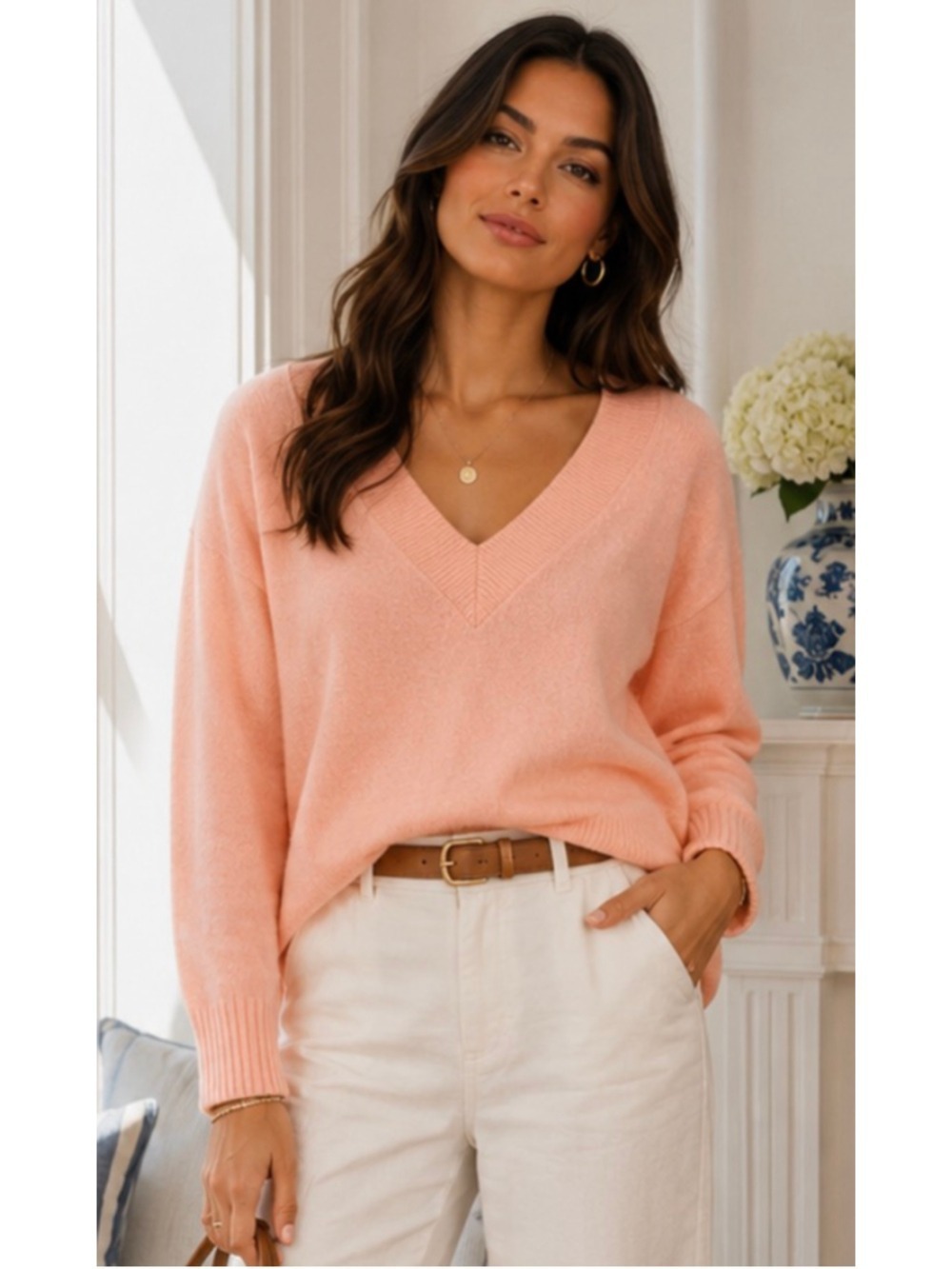 New INTERMIX Peach Cashmere V-Neck Sweater P Small